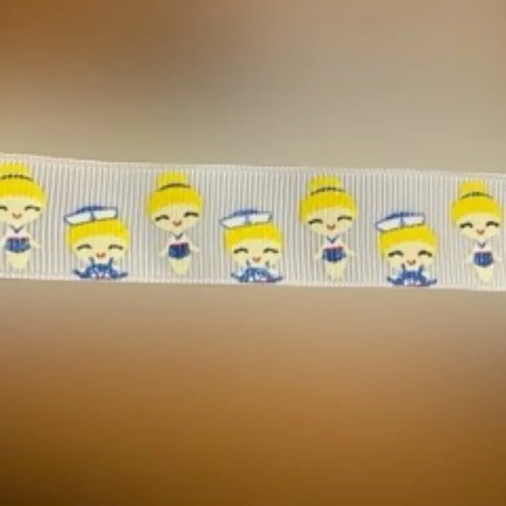White Grosgrain Ribbon with Blonde Girl and Ship Wheel  ****ALL RIBBONS BUY 2 GE
